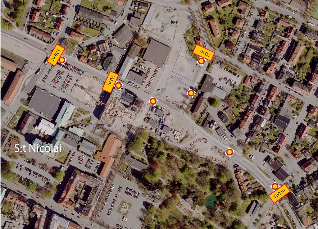 Karta över avstängda gator vid studenten den 13 juni 2025.